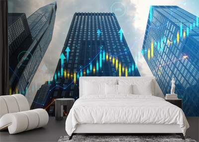 Skyscrapers with superimposed financial charts, symbolizing real estate market trends on a cloudy sky background, concept of market analysis Wall mural