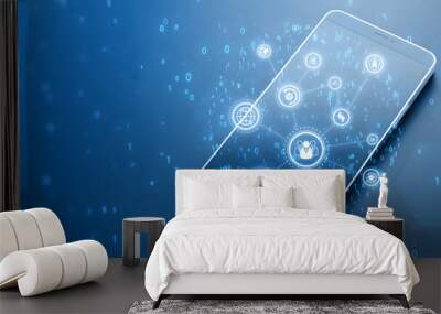 smartphone with creative connected digital business interface with various icons and binary code on blurry background. Software development, app, global business and ai concept. 3D Rendering. Wall mural