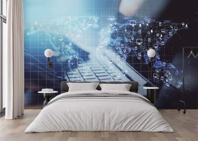 Social network communication concept with digital world map scheme and media icons on blurry background with human hands and laptop keyboard Wall mural