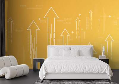 Start up and idea concept with white growing arrows, plus signs, pixel symbols and lines on abstract yellow background Wall mural