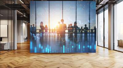 Stock market business and trading concept with digital screen with financial chart graphs and candlestick and group of people in office at sunset, double exposure Wall mural