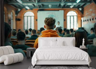 Students in a classroom listening to a lecture focused on one person in orange, with a brick background, concept of education. Generative AI Wall mural