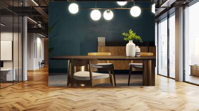 Stylish dining area with wooden elements and design lighting. Interior elegance. 3D Rendering Wall mural