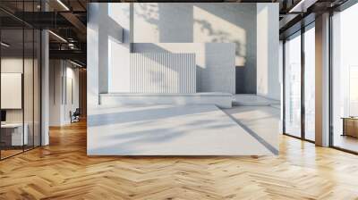 Sunlit art space hall with modern architecture design, light grey concrete walls and floor. 3D rendering Wall mural