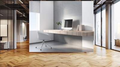 Sunny home office with stylish wooden table without legs, white chair and modern computer monitor Wall mural