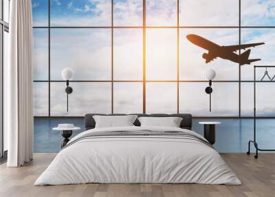 take off aircraft behind airport window Wall mural