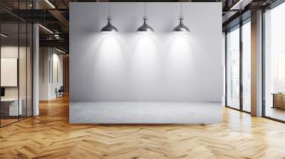 Three hanging metal lamps illuminating a grey loft interior. 3D Rendering Wall mural