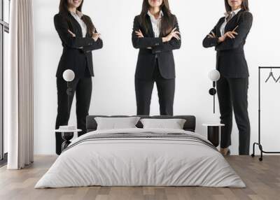 Three poses of the same woman in business attire on a clean white background, showing a professional concept Wall mural