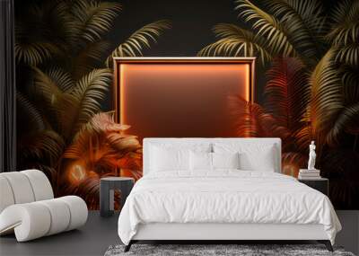 Tropical background with palm leaves and frame. Generative AI Wall mural