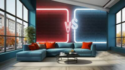 Two neon signs with vs symbol on a brick wall, illustrating a competition or challenge concept, with a modern neon light style on a dark backdrop. 3D Rendering Wall mural