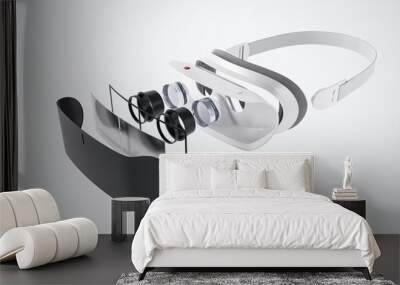 Virtual reality technologies concept with components of modern VR headset on abstract white background, virtual reality concept. 3D rendering Wall mural