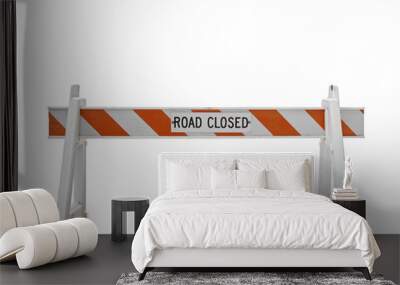 White and orange road closed barricade sign isolated on white background. Safety and restriction concept Wall mural