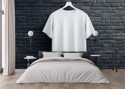 White t-shirt on hanger against a black brick wall, modern design mockup concept. Generative AI Wall mural