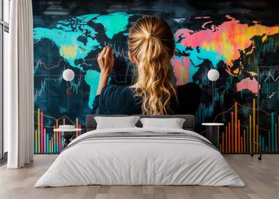 Woman analyzing global data on a world map with colorful charts and graphs. Wall mural