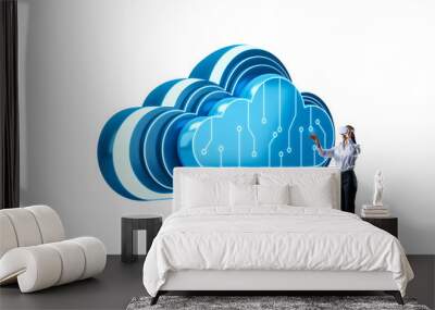 Woman wearing VR headset interacts with large glowing blue cloud icon on white background. Concept of cloud computing technology Wall mural