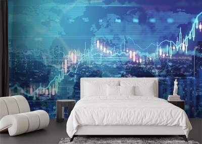 world business investment concept with digital screen with financial rising candlestick and map sche Wall mural