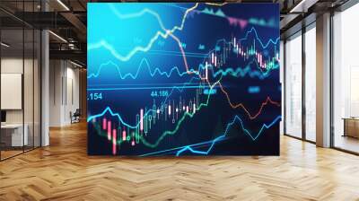 World trading concept with financial graphs, glowing candlestick and diagram on digital screen Wall mural