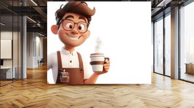 A 3D cartoon barista character making coffee, holding a steaming cup and smiling warmly, on a white background Wall mural