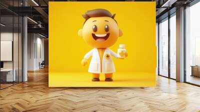 A 3D cartoon emoji of a pharmacist with a friendly smile, holding a pill bottle and wearing a lab coat, with a small medical cross symbol in the background  Wall mural