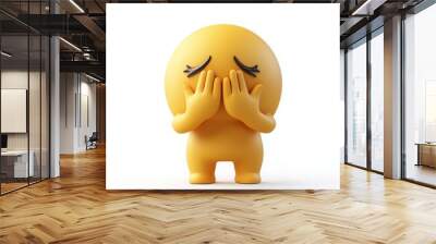 A 3D cartoon emoji with hands covering its face, showing embarrassment or shyness, on a white background  Wall mural