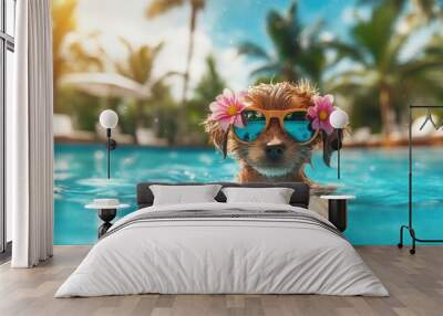 A cute wet puppy floating in a swimming pool, adorned with flower sunglasses, having fun on a summer holiday vacation.  Wall mural