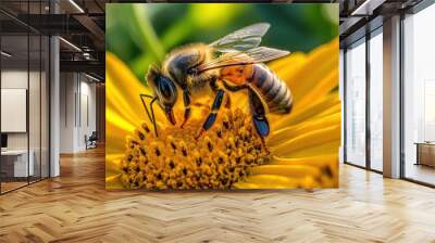 A macro shot of a bee perched on a bright yellow flower, surrounded by lush green foliage, emphasizing the beauty of nature and the importance of pollinators in a colorful floral landscape Wall mural