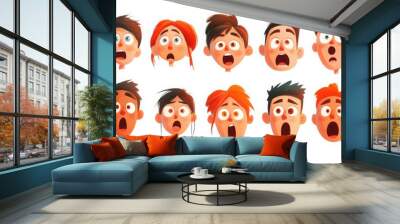 A series of characters with expressive faces, each showing emotions like surprise, sadness, or relief in a clean, minimalist style, white background  Wall mural