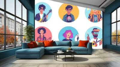 a set of illustrated avatars in circular frames showcasing diverse musicians and fans. One musician wears a leather jacket holding a guitar, a fan has short bobbed hair  Wall mural