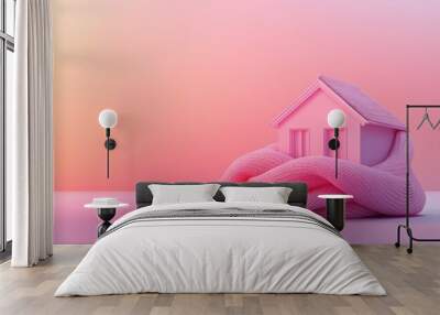 An ultra-realistic image of a pink house snugly wrapped in a scarf, against an elegantly blended gradient background, featuring a minimalistic layout that allows for ample text space Wall mural