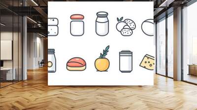 Dairy Nutrition thin line icon set. Including calcium, vitamin D, protein, lactose, and fat content in dairy products Wall mural