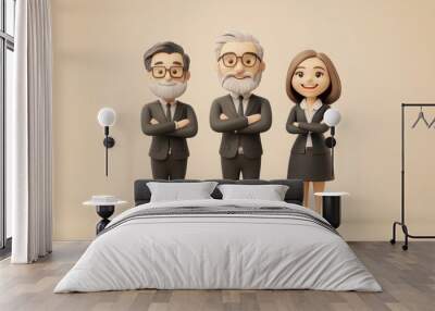 Design a 3D emoji featuring two mature Latin businessmen and a European businesswoman Wall mural