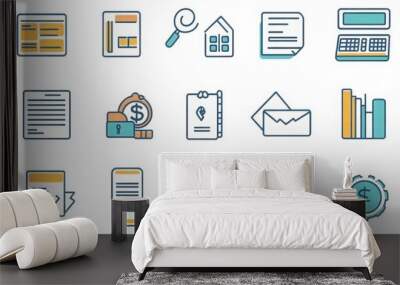 Finance and Accounting thin line icon set. Containing calculator, balance sheet, budget, invoice, receipt, ledger, profit and loss, financial report, tax document, payroll, bank statement. Wall mural