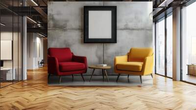 Loft-style living room with two vibrant armchairs--one yellow and one red--contrasting against a raw concrete wall.  Wall mural