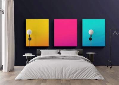 Modern infographic design featuring three bold squares in varying bright colors, displayed in a grid format on a smooth dark gradient backdrop  Wall mural