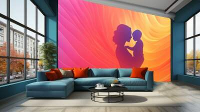 Mother's Day greeting card with a vivid gradient background and 3D digital illustration of a mother and child silhouette in a simple abstract style Wall mural