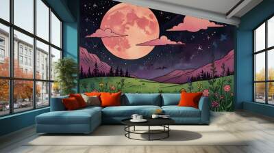 landscape with moon and flowers Wall mural