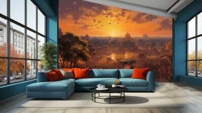 A serene city scene of New Delhi celebrating holi, with sunset with visible brushwork. Impasto texture and chiaroscuro lighting, emulating the style of a classical oil painting Wall mural