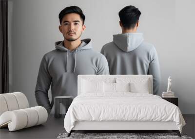 asian man wearing grey hoodie, front and back hoodie mockup, jumper hood template mock up Wall mural