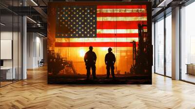 blue collar workers look at USA flag, labor day background, industrial environment Wall mural