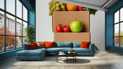 cardboard box with fruits and vegetables on top box, grocery boxes, white background Wall mural