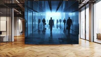 employees leaving building, shoot from the back, photo realistic, gloomy and sad, massive layoff, laid off, fired Wall mural