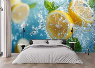 flying lemons in water splash in water background, advertising and social media.  mint leaves as decorative accents. Wall mural