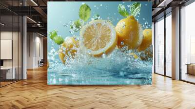 flying lemons in water splash in water background, advertising and social media.  mint leaves as decorative accents Wall mural