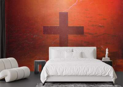 Metal Grunge Christian Cross Background, Cross symbol in dark red background with overlay cool catholic background, palm satanic theme, red sea, paper texture Wall mural