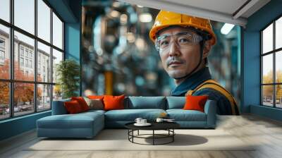 middle aged man, industrial worker wearing safety glasses and a yellow helmet, male construction worker Wall mural