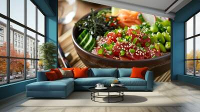 poke bowl with fresh tuna, avocado, seaweed, edamame, cucumber, and radish, topped with sesame seeds and drizzled with soy sauce Wall mural