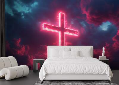 shining bright cross in animation 2d design, christian background, catholic wallpaper Wall mural