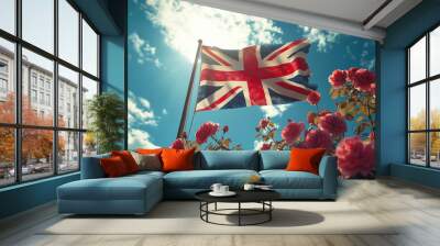 waving England flag, UK, among tudor rose flowers, union jack background wallpaper Wall mural