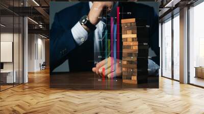 caucasian businessman hand touch wooden block successful business  organize strategy growth ideas concept Wall mural