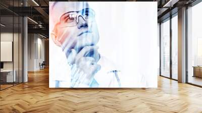 caucasian doctor with Stand with different containers for cosmetic and skincare products in clinic double exposure technic Wall mural